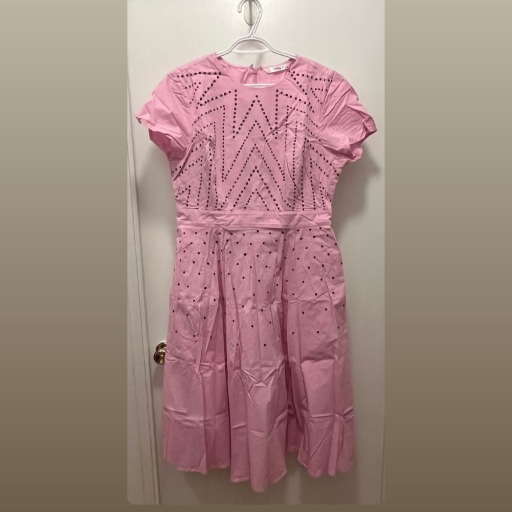 Pink cotton a-line dress with embroidered purple polka dots